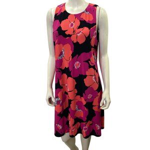 Anne‎ Klein Sleeveless Floral Print A-Line Dress Black/Red/Pink 14